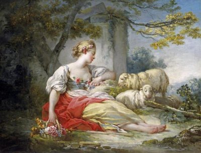 Shepherdess Seated with Sheep and a Basket of Flowers Near a Ruin in a Wooded Landscape